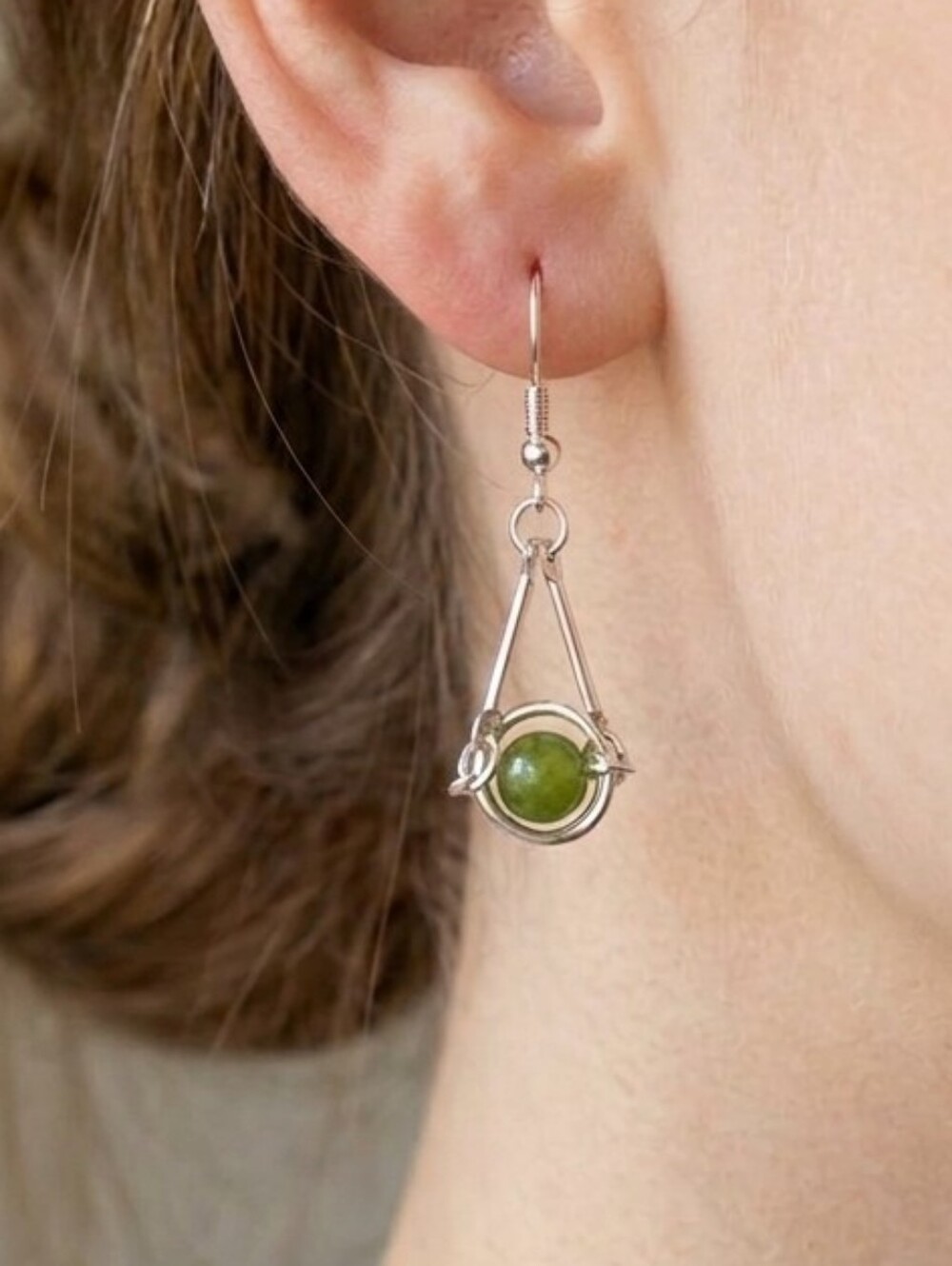 Handcrafted Stainless Steel and Green Stone Bead Earrings